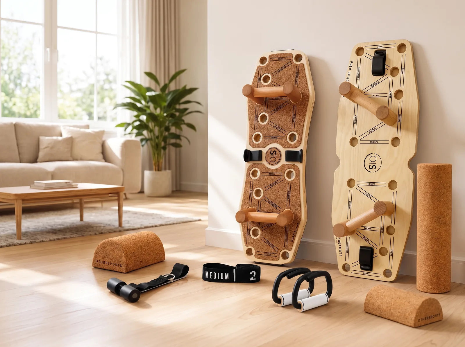 Sportboard 4 und Push up Board Pro 3 an der Wand im Wohnzimmer, davor Halbrollen, Bänder, Griffe und Rolle