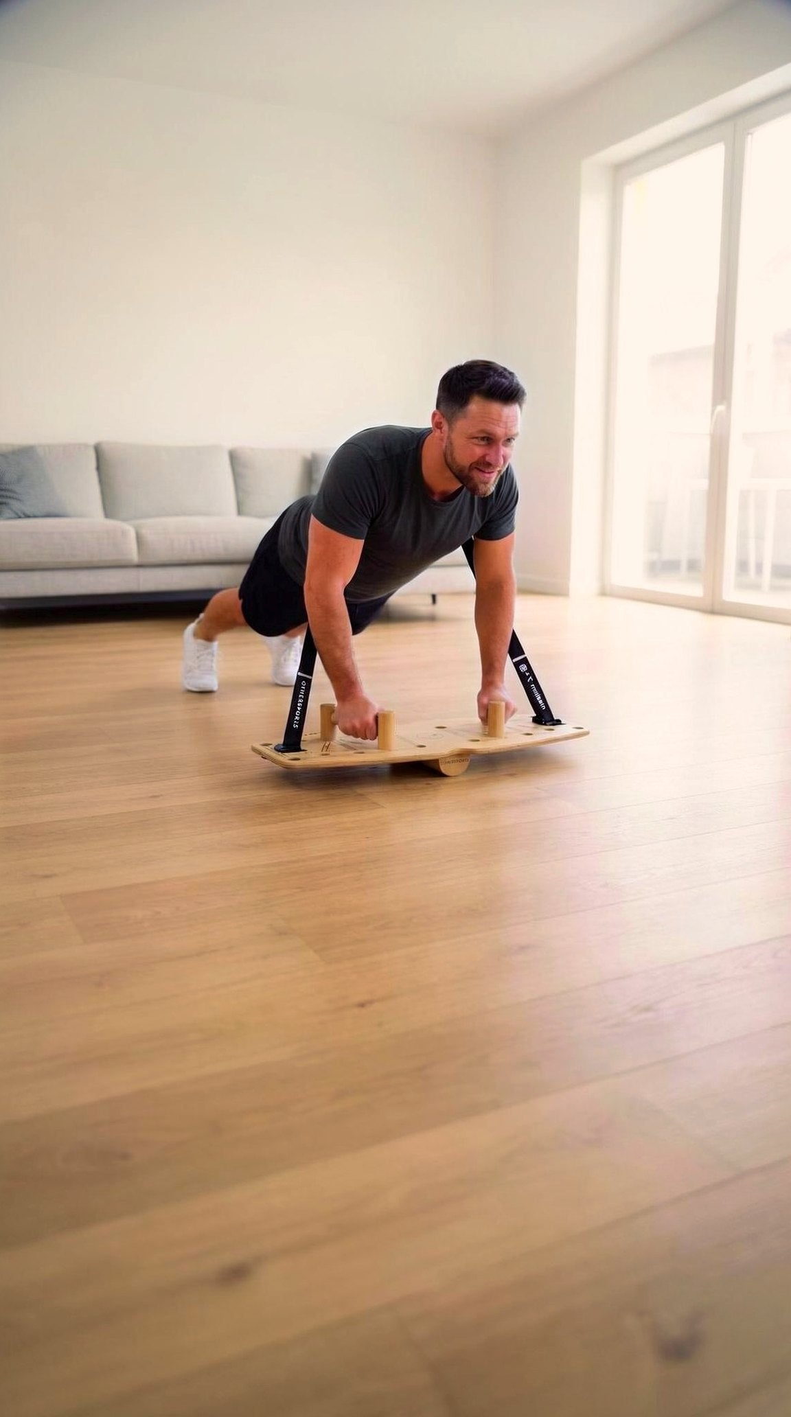 Mann macht Liegestütze auf dem Push up Board Pro 3 mit Holzgriffen, Band am Clip und Halbrolle