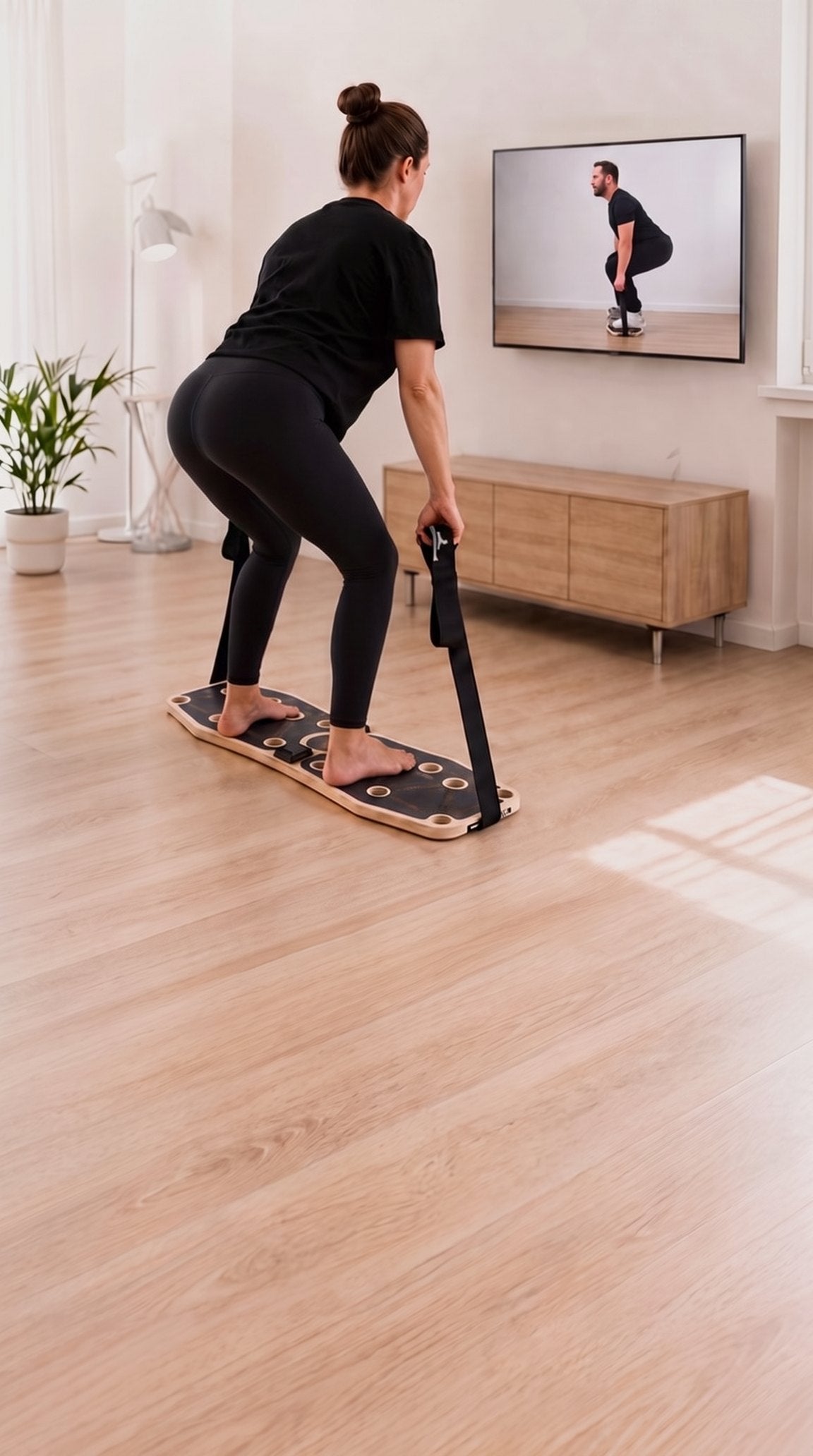 Frau trainiert auf dem Sportboard 4 Core mit dem Band, auf dem Fernseher läuft das Training